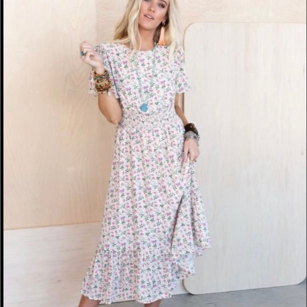 Three Birds Nest Floral Midi Dress in White and Pink - Lightweight Summer Dress